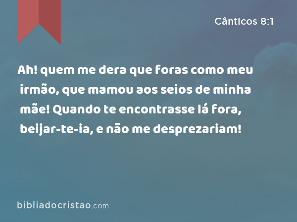 Ah! quem me dera que foras como meu irmão, que mamou aos seios de minha mãe! Quando te encontrasse lá fora, beijar-te-ia, e não me desprezariam! - Cânticos 8:1