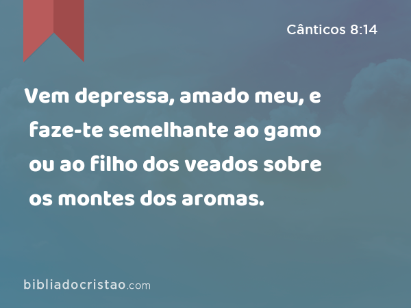 Vem depressa, amado meu, e faze-te semelhante ao gamo ou ao filho dos veados sobre os montes dos aromas. - Cânticos 8:14