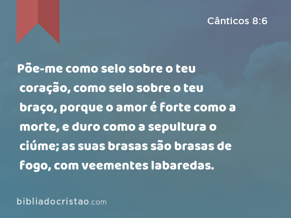 Põe-me como selo sobre o teu coração, como selo sobre o teu braço, porque o amor é forte como a morte, e duro como a sepultura o ciúme; as suas brasas são brasas de fogo, com veementes labaredas. - Cânticos 8:6