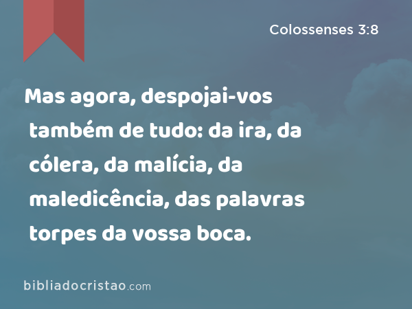 Mas agora, despojai-vos também de tudo: da ira, da cólera, da malícia, da maledicência, das palavras torpes da vossa boca. - Colossenses 3:8