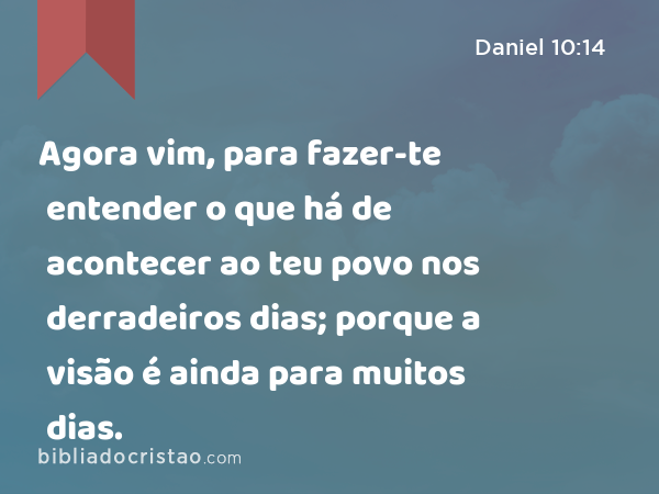 Agora vim, para fazer-te entender o que há de acontecer ao teu povo nos derradeiros dias; porque a visão é ainda para muitos dias. - Daniel 10:14