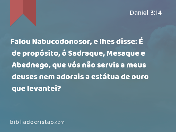 Falou Nabucodonosor, e lhes disse: É de propósito, ó Sadraque, Mesaque e Abednego, que vós não servis a meus deuses nem adorais a estátua de ouro que levantei? - Daniel 3:14