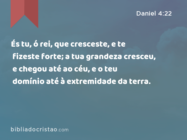 És tu, ó rei, que cresceste, e te fizeste forte; a tua grandeza cresceu, e chegou até ao céu, e o teu domínio até à extremidade da terra. - Daniel 4:22