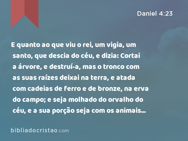 E quanto ao que viu o rei, um vigia, um santo, que descia do céu, e dizia: Cortai a árvore, e destruí-a, mas o tronco com as suas raízes deixai na terra, e atada com cadeias de ferro e de bronze, na erva do campo; e seja molhado do orvalho do céu, e a sua porção seja com os animais do campo, até que passem sobre ele sete tempos; - Daniel 4:23