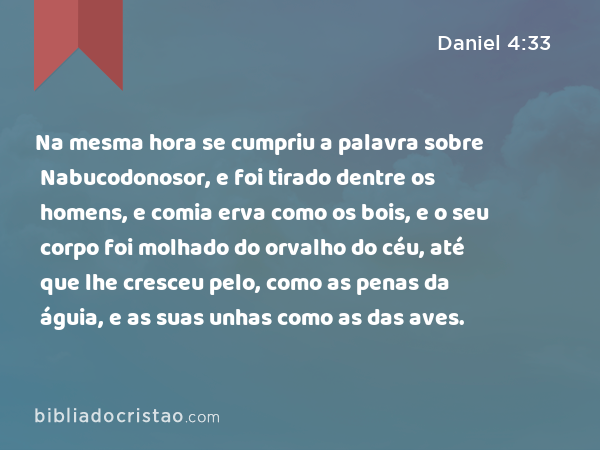 Na mesma hora se cumpriu a palavra sobre Nabucodonosor, e foi tirado dentre os homens, e comia erva como os bois, e o seu corpo foi molhado do orvalho do céu, até que lhe cresceu pelo, como as penas da águia, e as suas unhas como as das aves. - Daniel 4:33