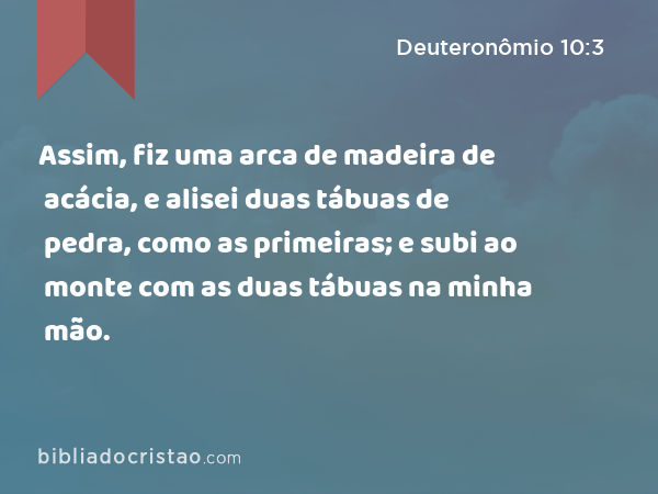 Assim, fiz uma arca de madeira de acácia, e alisei duas tábuas de pedra, como as primeiras; e subi ao monte com as duas tábuas na minha mão. - Deuteronômio 10:3