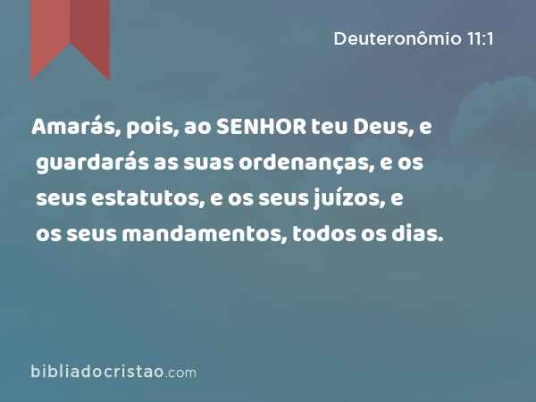 Amarás, pois, ao SENHOR teu Deus, e guardarás as suas ordenanças, e os seus estatutos, e os seus juízos, e os seus mandamentos, todos os dias. - Deuteronômio 11:1