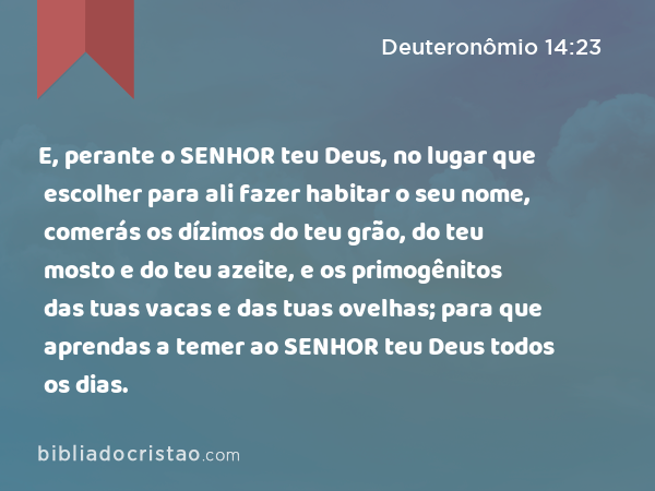 E, perante o SENHOR teu Deus, no lugar que escolher para ali fazer habitar o seu nome, comerás os dízimos do teu grão, do teu mosto e do teu azeite, e os primogênitos das tuas vacas e das tuas ovelhas; para que aprendas a temer ao SENHOR teu Deus todos os dias. - Deuteronômio 14:23