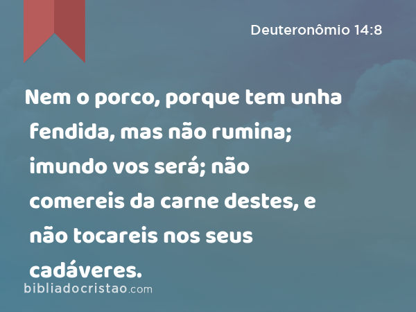 Nem o porco, porque tem unha fendida, mas não rumina; imundo vos será; não comereis da carne destes, e não tocareis nos seus cadáveres. - Deuteronômio 14:8