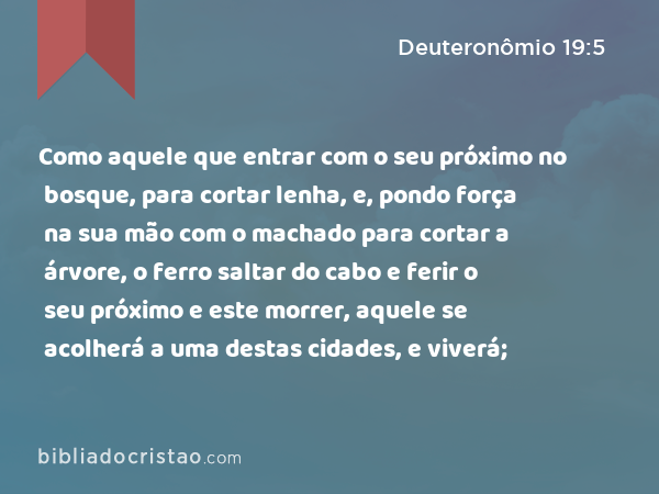 Como aquele que entrar com o seu próximo no bosque, para cortar lenha, e, pondo força na sua mão com o machado para cortar a árvore, o ferro saltar do cabo e ferir o seu próximo e este morrer, aquele se acolherá a uma destas cidades, e viverá; - Deuteronômio 19:5