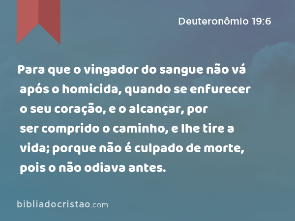 Para que o vingador do sangue não vá após o homicida, quando se enfurecer o seu coração, e o alcançar, por ser comprido o caminho, e lhe tire a vida; porque não é culpado de morte, pois o não odiava antes. - Deuteronômio 19:6