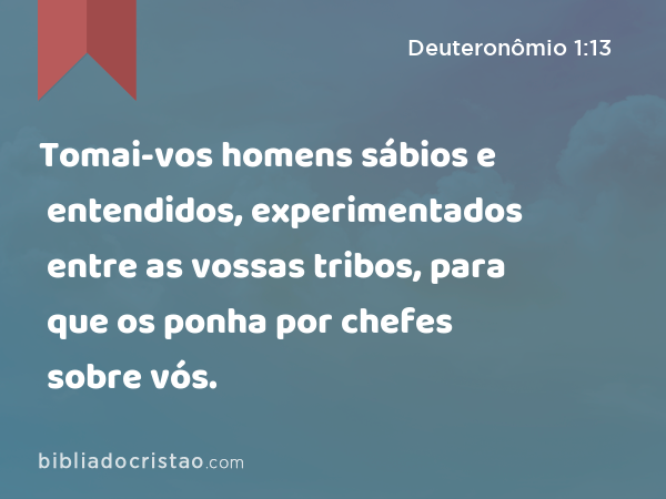 Tomai-vos homens sábios e entendidos, experimentados entre as vossas tribos, para que os ponha por chefes sobre vós. - Deuteronômio 1:13