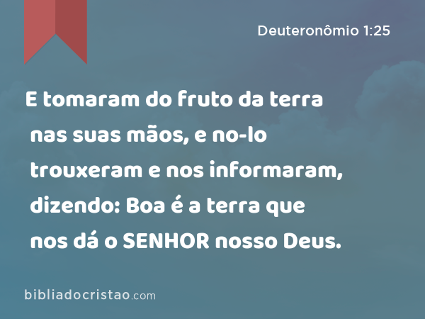 E tomaram do fruto da terra nas suas mãos, e no-lo trouxeram e nos informaram, dizendo: Boa é a terra que nos dá o SENHOR nosso Deus. - Deuteronômio 1:25