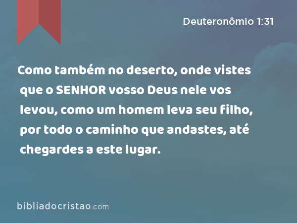 Como também no deserto, onde vistes que o SENHOR vosso Deus nele vos levou, como um homem leva seu filho, por todo o caminho que andastes, até chegardes a este lugar. - Deuteronômio 1:31