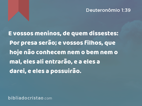 E vossos meninos, de quem dissestes: Por presa serão; e vossos filhos, que hoje não conhecem nem o bem nem o mal, eles ali entrarão, e a eles a darei, e eles a possuirão. - Deuteronômio 1:39