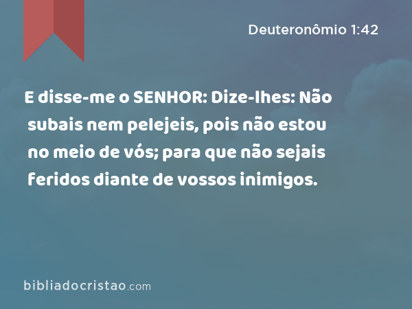 E disse-me o SENHOR: Dize-lhes: Não subais nem pelejeis, pois não estou no meio de vós; para que não sejais feridos diante de vossos inimigos. - Deuteronômio 1:42