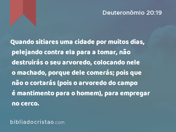 Quando sitiares uma cidade por muitos dias, pelejando contra ela para a tomar, não destruirás o seu arvoredo, colocando nele o machado, porque dele comerás; pois que não o cortarás (pois o arvoredo do campo é mantimento para o homem), para empregar no cerco. - Deuteronômio 20:19