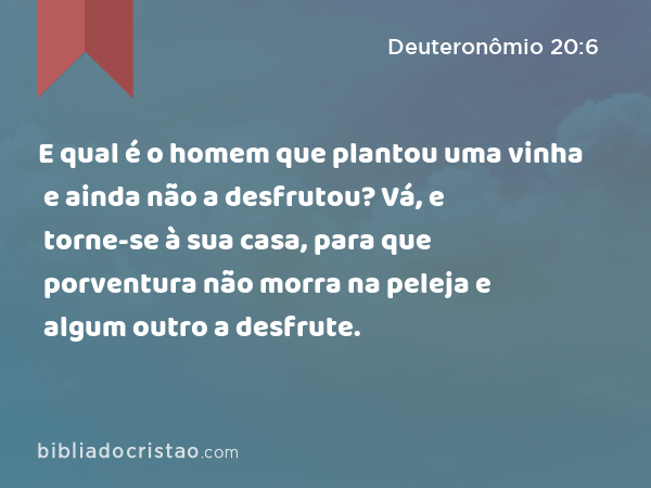 E qual é o homem que plantou uma vinha e ainda não a desfrutou? Vá, e torne-se à sua casa, para que porventura não morra na peleja e algum outro a desfrute. - Deuteronômio 20:6