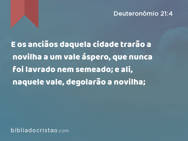 E os anciãos daquela cidade trarão a novilha a um vale áspero, que nunca foi lavrado nem semeado; e ali, naquele vale, degolarão a novilha; - Deuteronômio 21:4