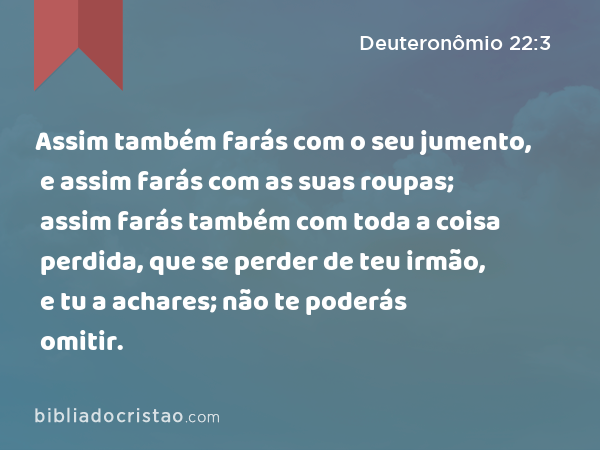 Assim também farás com o seu jumento, e assim farás com as suas roupas; assim farás também com toda a coisa perdida, que se perder de teu irmão, e tu a achares; não te poderás omitir. - Deuteronômio 22:3