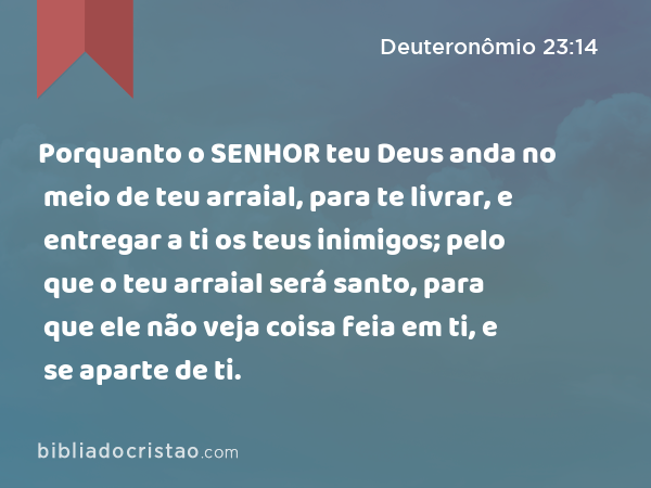 Porquanto o SENHOR teu Deus anda no meio de teu arraial, para te livrar, e entregar a ti os teus inimigos; pelo que o teu arraial será santo, para que ele não veja coisa feia em ti, e se aparte de ti. - Deuteronômio 23:14