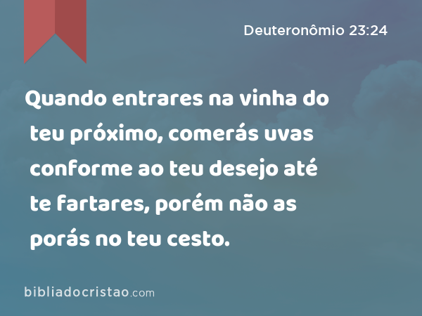 Quando entrares na vinha do teu próximo, comerás uvas conforme ao teu desejo até te fartares, porém não as porás no teu cesto. - Deuteronômio 23:24