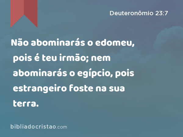 Não abominarás o edomeu, pois é teu irmão; nem abominarás o egípcio, pois estrangeiro foste na sua terra. - Deuteronômio 23:7