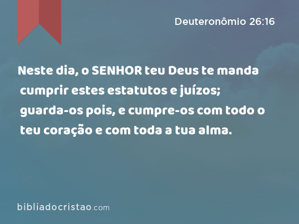 Neste dia, o SENHOR teu Deus te manda cumprir estes estatutos e juízos; guarda-os pois, e cumpre-os com todo o teu coração e com toda a tua alma. - Deuteronômio 26:16