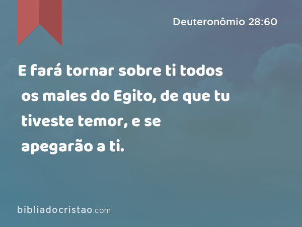 E fará tornar sobre ti todos os males do Egito, de que tu tiveste temor, e se apegarão a ti. - Deuteronômio 28:60