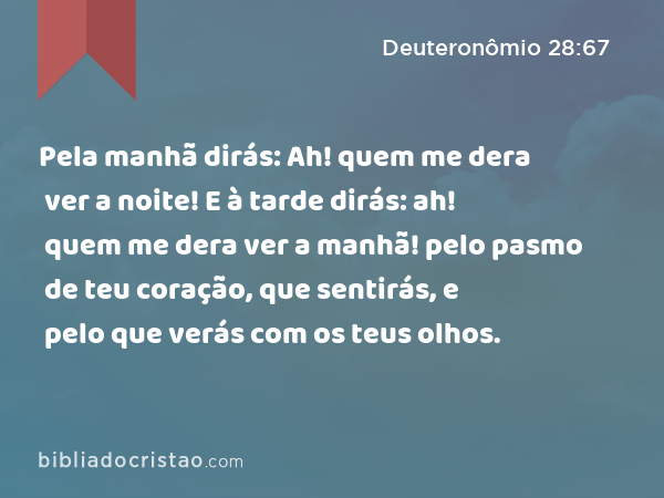 Pela manhã dirás: Ah! quem me dera ver a noite! E à tarde dirás: ah! quem me dera ver a manhã! pelo pasmo de teu coração, que sentirás, e pelo que verás com os teus olhos. - Deuteronômio 28:67