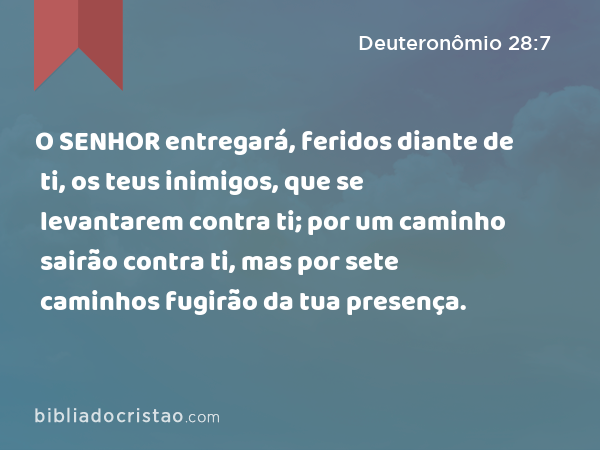 O SENHOR entregará, feridos diante de ti, os teus inimigos, que se levantarem contra ti; por um caminho sairão contra ti, mas por sete caminhos fugirão da tua presença. - Deuteronômio 28:7