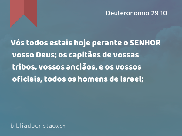 Vós todos estais hoje perante o SENHOR vosso Deus; os capitães de vossas tribos, vossos anciãos, e os vossos oficiais, todos os homens de Israel; - Deuteronômio 29:10