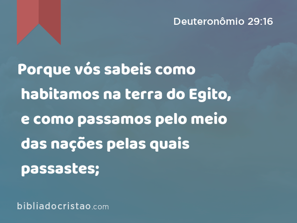 Porque vós sabeis como habitamos na terra do Egito, e como passamos pelo meio das nações pelas quais passastes; - Deuteronômio 29:16