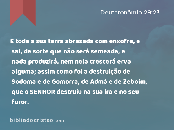 E toda a sua terra abrasada com enxofre, e sal, de sorte que não será semeada, e nada produzirá, nem nela crescerá erva alguma; assim como foi a destruição de Sodoma e de Gomorra, de Admá e de Zeboim, que o SENHOR destruiu na sua ira e no seu furor. - Deuteronômio 29:23