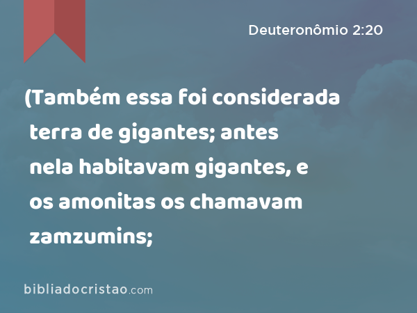 (Também essa foi considerada terra de gigantes; antes nela habitavam gigantes, e os amonitas os chamavam zamzumins; - Deuteronômio 2:20