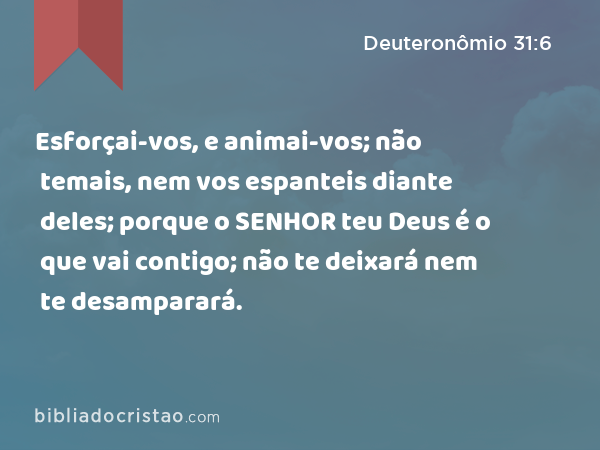 Esforçai-vos, e animai-vos; não temais, nem vos espanteis diante deles; porque o SENHOR teu Deus é o que vai contigo; não te deixará nem te desamparará. - Deuteronômio 31:6