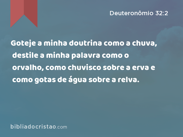 Goteje a minha doutrina como a chuva, destile a minha palavra como o orvalho, como chuvisco sobre a erva e como gotas de água sobre a relva. - Deuteronômio 32:2