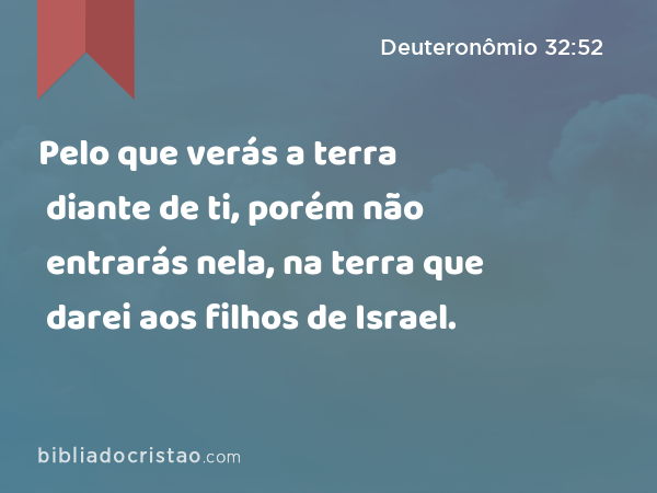 Pelo que verás a terra diante de ti, porém não entrarás nela, na terra que darei aos filhos de Israel. - Deuteronômio 32:52