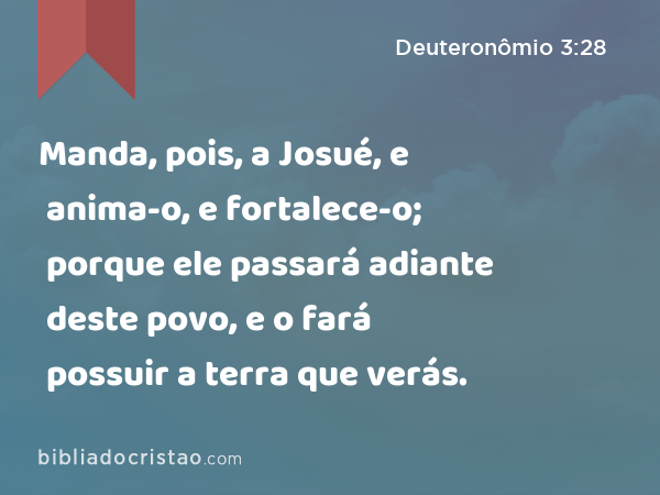 Manda, pois, a Josué, e anima-o, e fortalece-o; porque ele passará adiante deste povo, e o fará possuir a terra que verás. - Deuteronômio 3:28