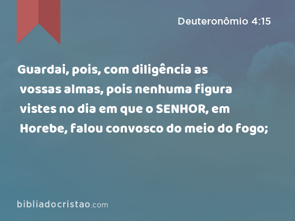 Guardai, pois, com diligência as vossas almas, pois nenhuma figura vistes no dia em que o SENHOR, em Horebe, falou convosco do meio do fogo; - Deuteronômio 4:15