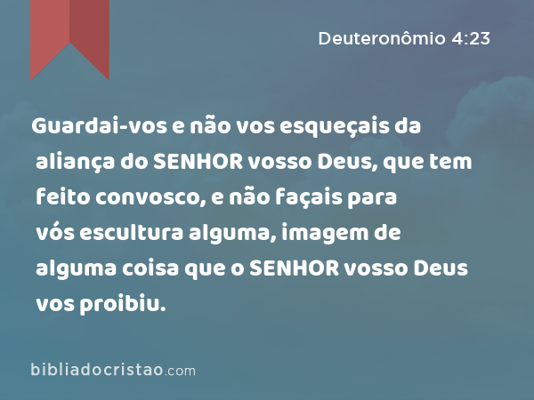 Guardai-vos e não vos esqueçais da aliança do SENHOR vosso Deus, que tem feito convosco, e não façais para vós escultura alguma, imagem de alguma coisa que o SENHOR vosso Deus vos proibiu. - Deuteronômio 4:23