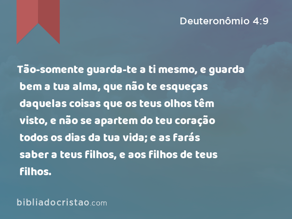 Tão-somente guarda-te a ti mesmo, e guarda bem a tua alma, que não te esqueças daquelas coisas que os teus olhos têm visto, e não se apartem do teu coração todos os dias da tua vida; e as farás saber a teus filhos, e aos filhos de teus filhos. - Deuteronômio 4:9