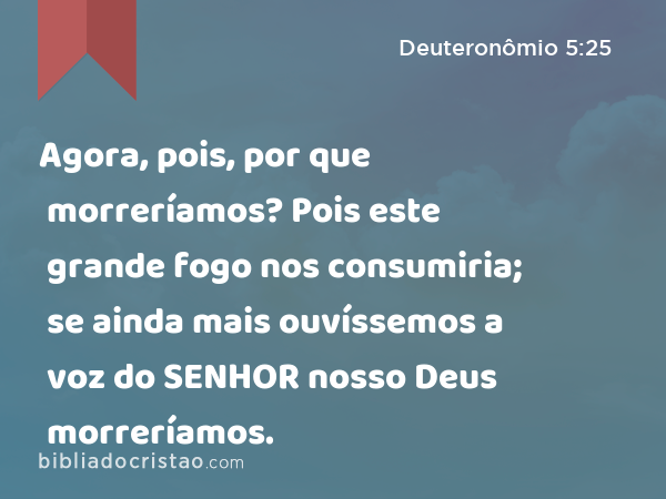 Agora, pois, por que morreríamos? Pois este grande fogo nos consumiria; se ainda mais ouvíssemos a voz do SENHOR nosso Deus morreríamos. - Deuteronômio 5:25