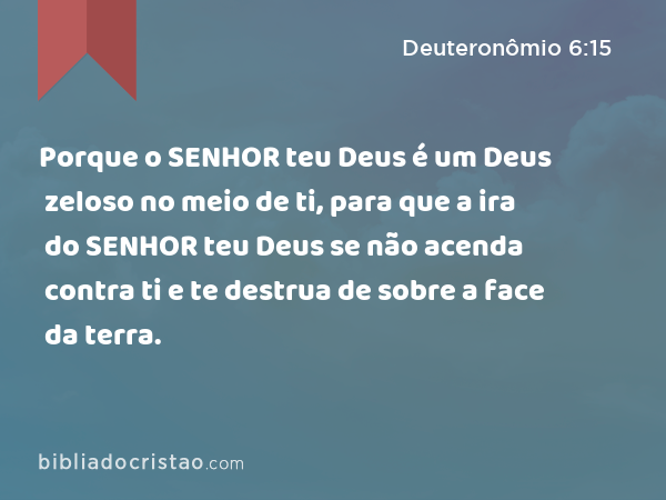 Porque o SENHOR teu Deus é um Deus zeloso no meio de ti, para que a ira do SENHOR teu Deus se não acenda contra ti e te destrua de sobre a face da terra. - Deuteronômio 6:15