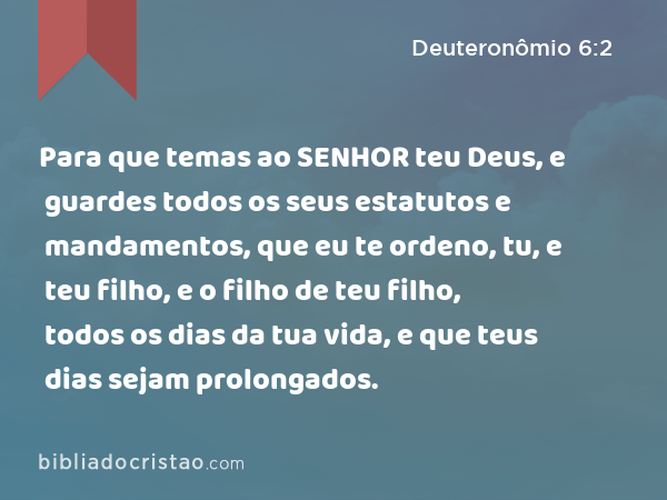 Para que temas ao SENHOR teu Deus, e guardes todos os seus estatutos e mandamentos, que eu te ordeno, tu, e teu filho, e o filho de teu filho, todos os dias da tua vida, e que teus dias sejam prolongados. - Deuteronômio 6:2