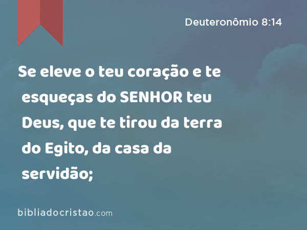 Se eleve o teu coração e te esqueças do SENHOR teu Deus, que te tirou da terra do Egito, da casa da servidão; - Deuteronômio 8:14