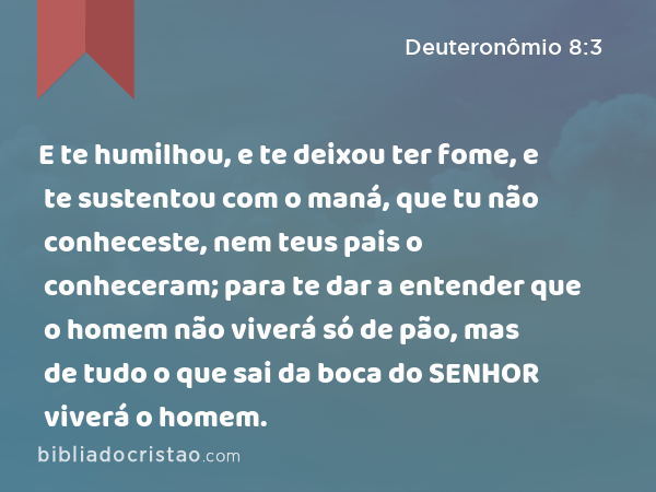 E te humilhou, e te deixou ter fome, e te sustentou com o maná, que tu não conheceste, nem teus pais o conheceram; para te dar a entender que o homem não viverá só de pão, mas de tudo o que sai da boca do SENHOR viverá o homem. - Deuteronômio 8:3