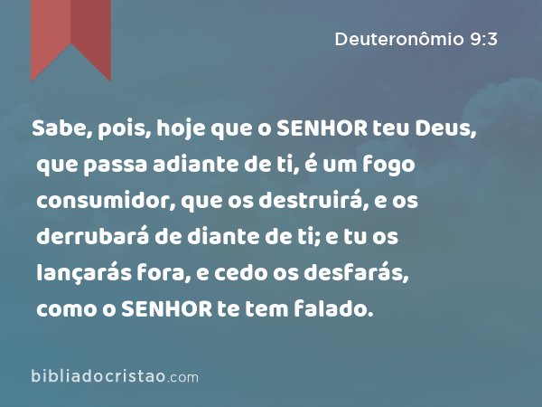 Sabe, pois, hoje que o SENHOR teu Deus, que passa adiante de ti, é um fogo consumidor, que os destruirá, e os derrubará de diante de ti; e tu os lançarás fora, e cedo os desfarás, como o SENHOR te tem falado. - Deuteronômio 9:3