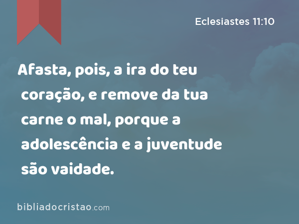 Afasta, pois, a ira do teu coração, e remove da tua carne o mal, porque a adolescência e a juventude são vaidade. - Eclesiastes 11:10