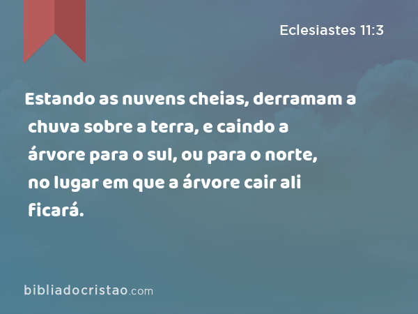 Estando as nuvens cheias, derramam a chuva sobre a terra, e caindo a árvore para o sul, ou para o norte, no lugar em que a árvore cair ali ficará. - Eclesiastes 11:3